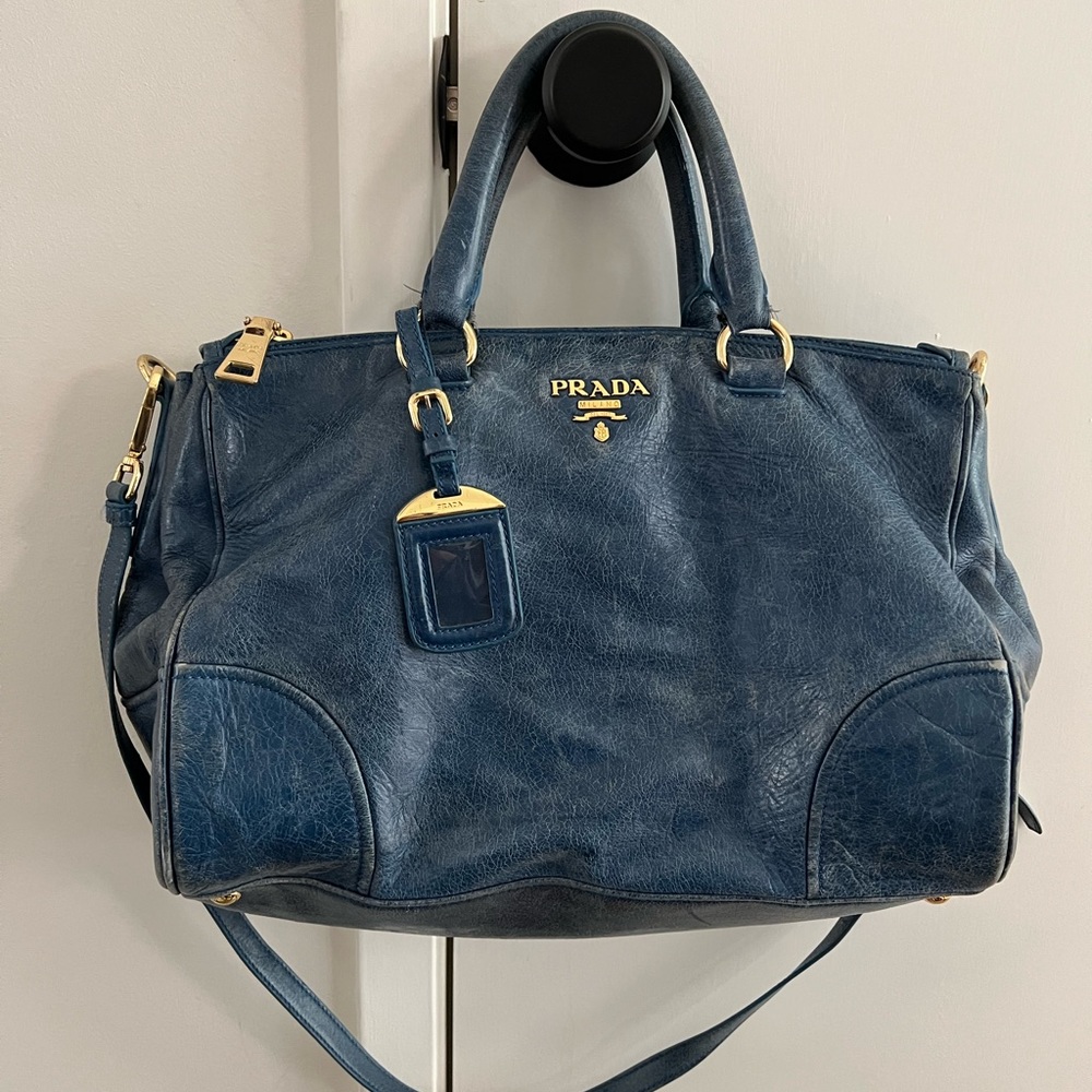 PRADA Vitello Daino Blue Large Tote Bag